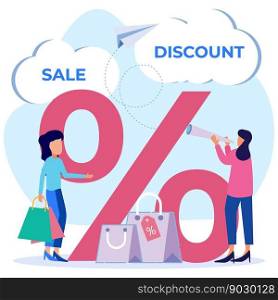Vector illustration of business concept of discounted sales prices, decreases, shopping, customer increases.
