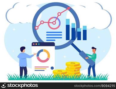 Vector illustration of business concept, office worker studying infographics, evolution scale vector analysis. Economic growth is headed up.