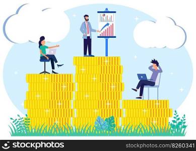 Vector illustration of business concept, successful business woman climbing the corporate ladder. Job hierarchy, career planning, career ladder, big profits and salaries.
