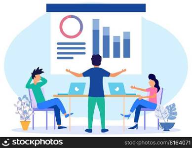 Vector illustration of business concepts, business people sitting at the bargaining table, vector collective thinking and brainstorming, company information analytics.