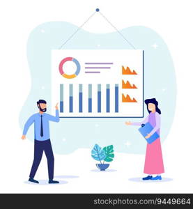 Vector illustration of business concepts, business people sitting at the bargaining table, vector collective thinking and brainstorming, company information analytics.