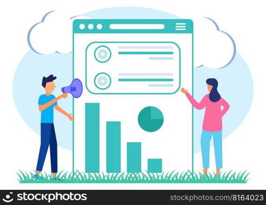 Vector illustration of business concepts, business people studying infographics, economic growth analysis, network promotion, looking for new solution ideas, company economic growth, company revenue.