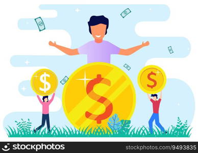 Vector illustration of business growth concept, successful teamwork, financing, big profits, gold coins, teamwork, startup, money growth.