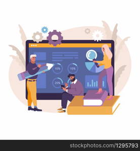 Vector illustration of business, office workers are studying the infographic. Man, woman studing business data and analysing process.. Vector illustration of business, office workers are studying the infographic