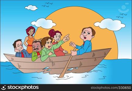 Vector illustration of business team travelling on boat.