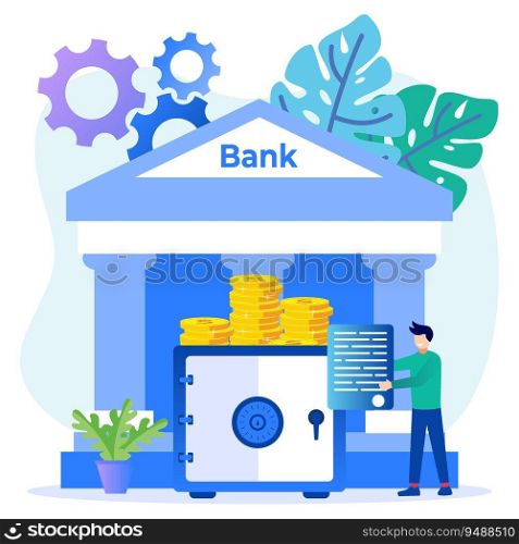Vector illustration of businessman calculating income and savings, analyzing public finances, checking documents. Financial audit concept.