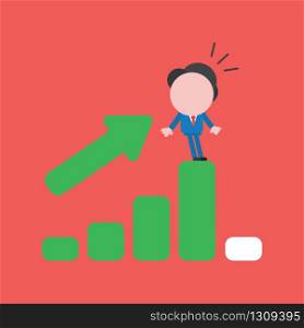 Vector illustration of businessman character being shocked on sales bar chart icon moving up and down.