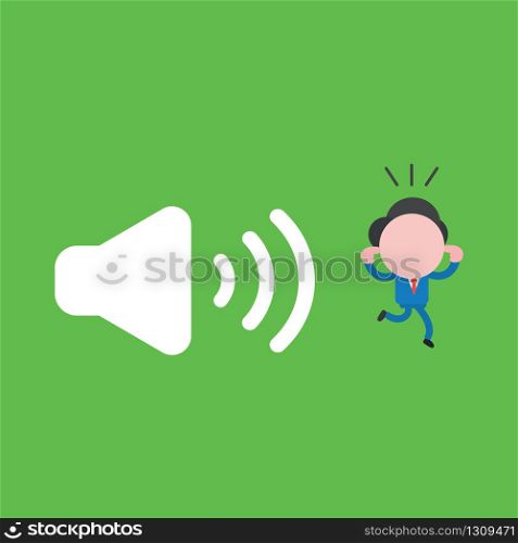 Vector illustration of businessman character close ears with fingers and running away from loud voice speaker sound.