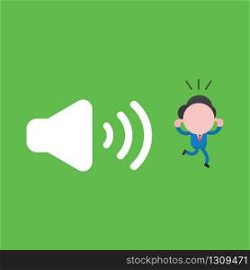 Vector illustration of businessman character close ears with fingers and running away from loud voice speaker sound.