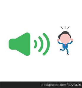 Vector illustration of businessman character close ears with fingers and running away from loud voice green speaker sound icon.