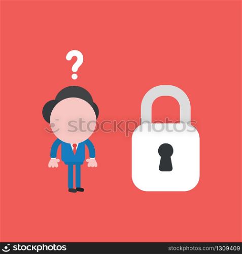 Vector illustration of businessman character confused with question mark and looking to closed padlock.