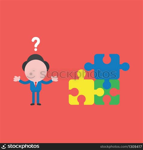 Vector illustration of businessman character confused with question mark and three puzzle pieces connected and one of piece is missing.