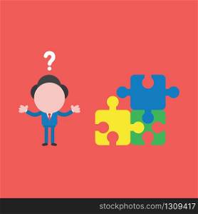 Vector illustration of businessman character confused with question mark and three puzzle pieces connected and one of piece is missing.