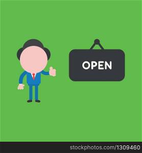 Vector illustration of businessman character giving thumbs and with open word inside hanging sign.