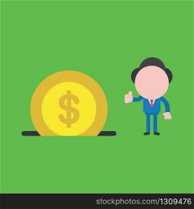 Vector illustration of businessman character giving thumbs up with dollar coin money into moneybox hole.