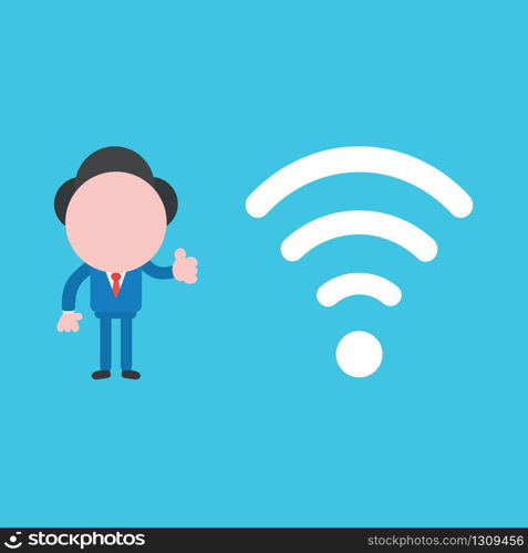 Vector illustration of businessman character giving thumbs up with wifi wireless symbol.