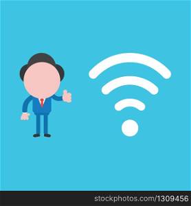 Vector illustration of businessman character giving thumbs up with wifi wireless symbol.