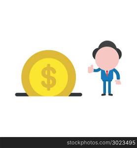 Vector illustration of businessman character giving thumbs up with yellow dollar coin money icon into moneybox hole.