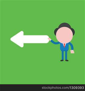 Vector illustration of businessman character holding arrow pointing left.