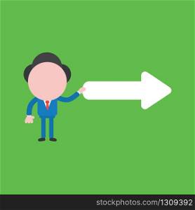 Vector illustration of businessman character holding arrow pointing right.