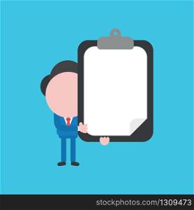 Vector illustration of businessman character holding clipboard with blank paper.