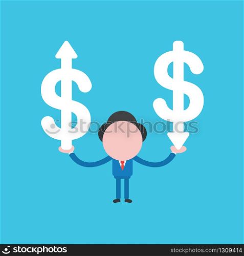 Vector illustration of businessman character holding dollar symbols with arrows moving up and down.