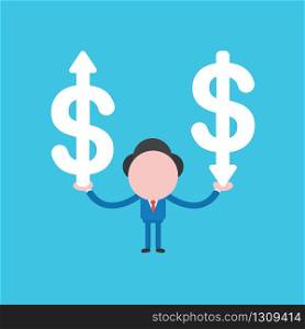 Vector illustration of businessman character holding dollar symbols with arrows moving up and down.