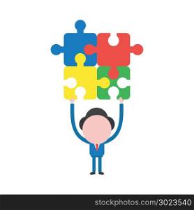 Vector illustration of businessman character holding four puzzle pieces icon connected.