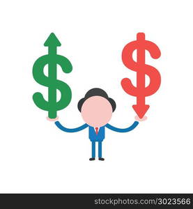 Vector illustration of businessman character holding green and red dollar symbols with arrows moving up and down.