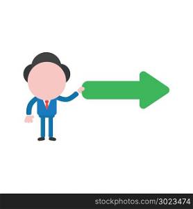 Vector illustration of businessman character holding green arrow icon pointing right.