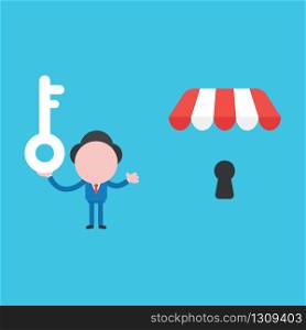 Vector illustration of businessman character holding key and showing shop store with keyhole.