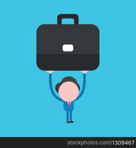 Vector illustration of businessman character holding, lifting up briefcase.