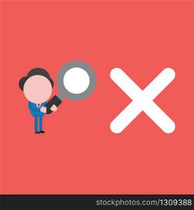 Vector illustration of businessman character holding magnifying glass and looking, analyzing x mark.
