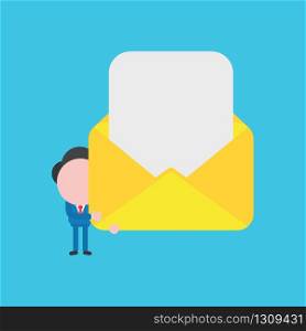 Vector illustration of businessman character holding open envelope icon with blank paper.