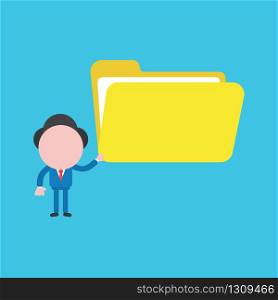 Vector illustration of businessman character holding open file folder.