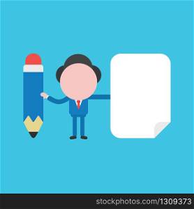 Vector illustration of businessman character holding pencil and blank paper icon.