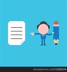 Vector illustration of businessman character holding pencil icon and pointing written paper.