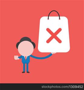 Vector illustration of businessman character holding red shopping bag with x mark.