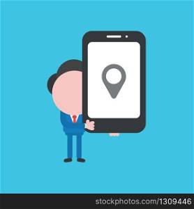 Vector illustration of businessman character holding smartphone with map pointer.
