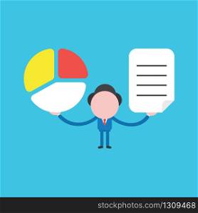 Vector illustration of businessman character holding three part diagram pie chart and written paper.