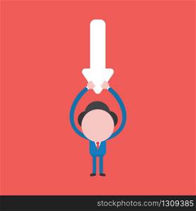 Vector illustration of businessman character holding up arrow pointing down.