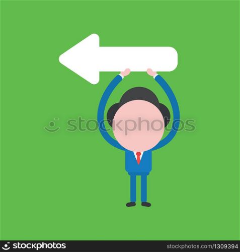 Vector illustration of businessman character holding up arrow pointing left.