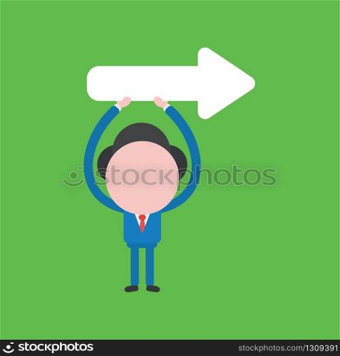 Vector illustration of businessman character holding up arrow pointing right.
