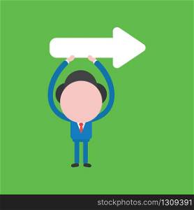Vector illustration of businessman character holding up arrow pointing right.