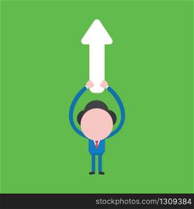 Vector illustration of businessman character holding up arrow pointing up.