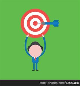 Vector illustration of businessman character holding up bulls eye and dart in the center.