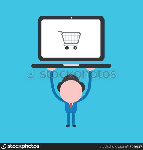 Vector illustration of businessman character holding up laptop computer with shopping cart.