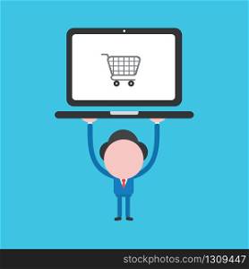 Vector illustration of businessman character holding up laptop computer with shopping cart.