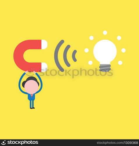 Vector illustration of businessman character holding up magnet attracting glowing light bulb idea icon.