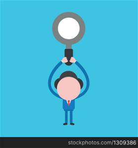 Vector illustration of businessman character holding up magnifying glass.